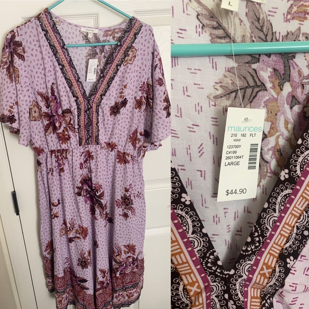 Purple Floral V Neck Midi Dress
